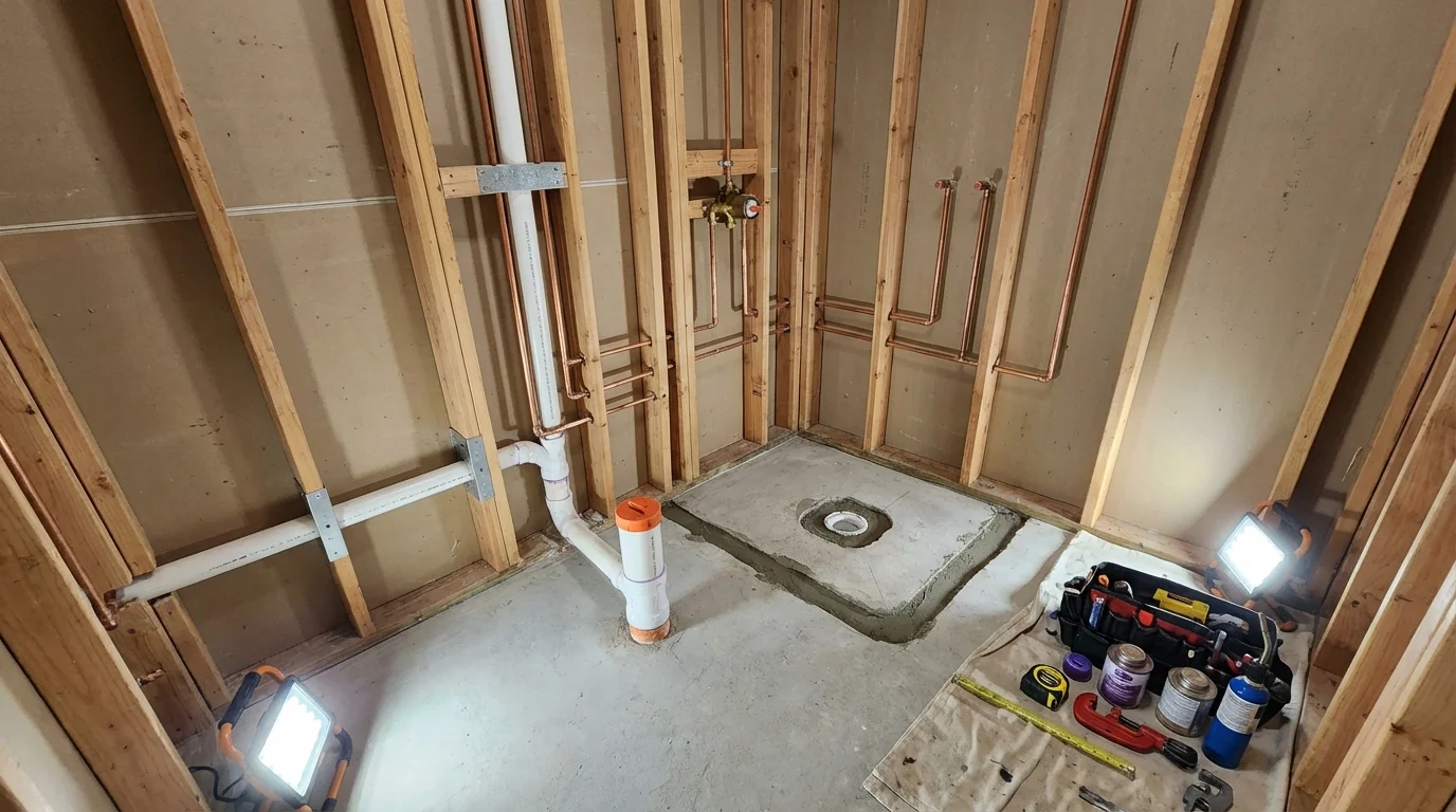 Bathroom rough-in plumbing during remodel by Johns Plumbing LLC in Vale