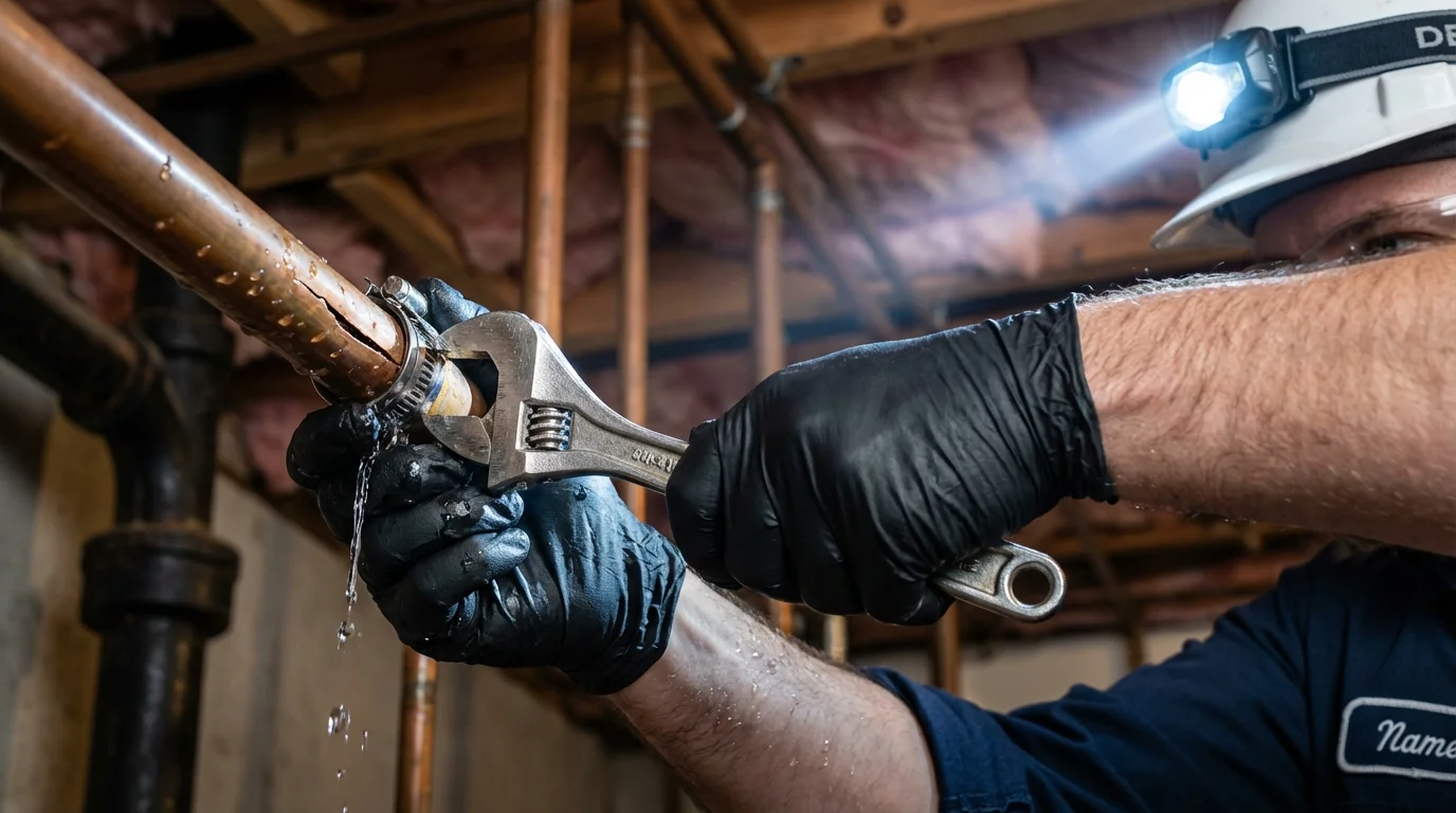 Emergency pipe clamp repair being performed by a Johns Plumbing LLC plumber in Vale