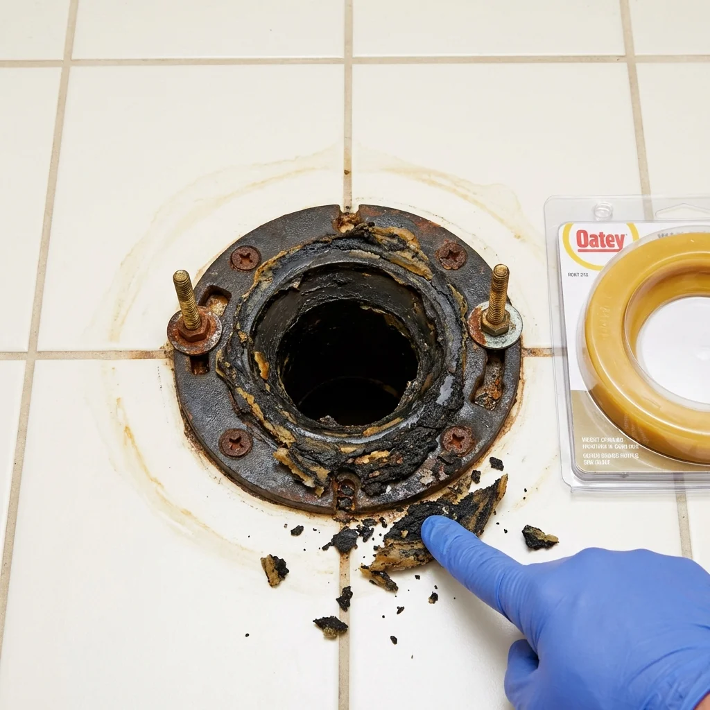 Failed wax ring showing water seepage at the base of a toilet in a Vale, OR home