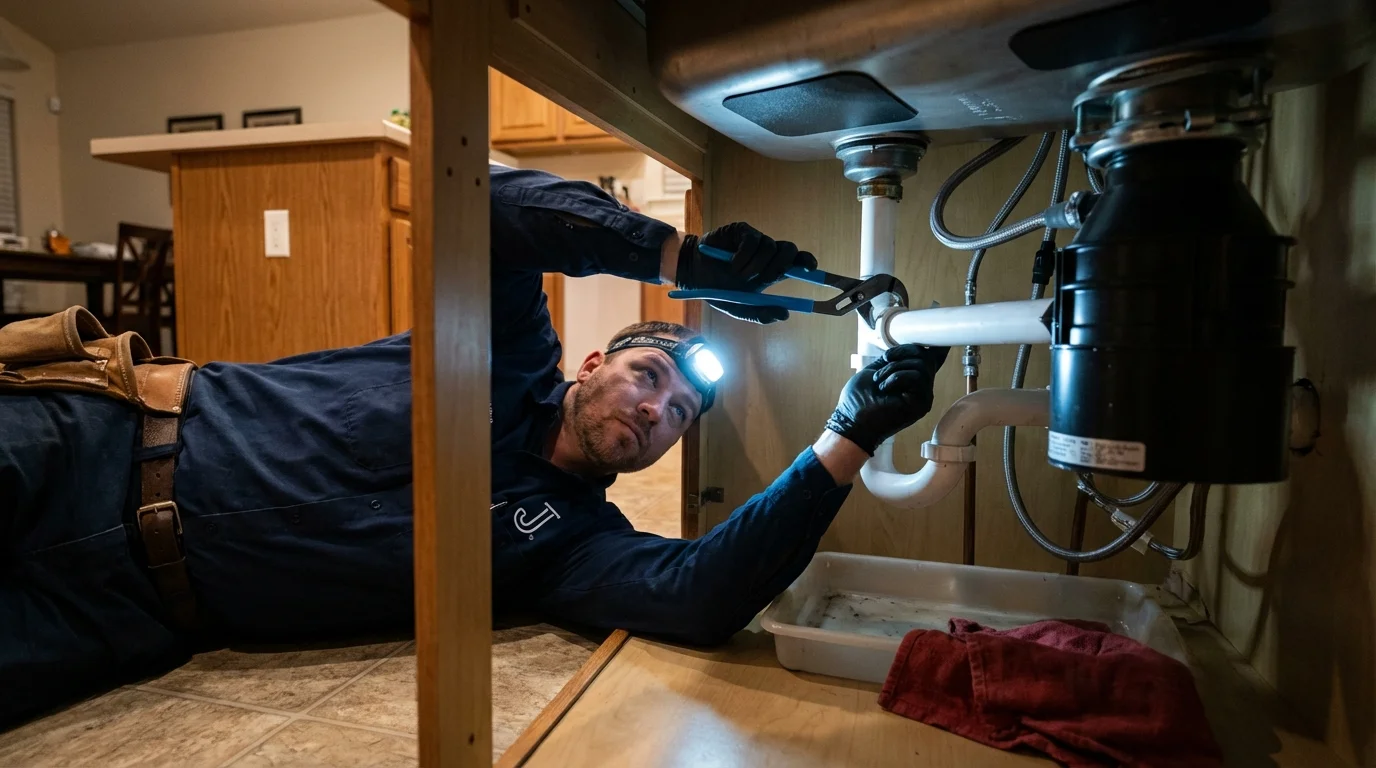 P-trap and supply line connections under a kitchen sink showing a common leak point in Vale, OR